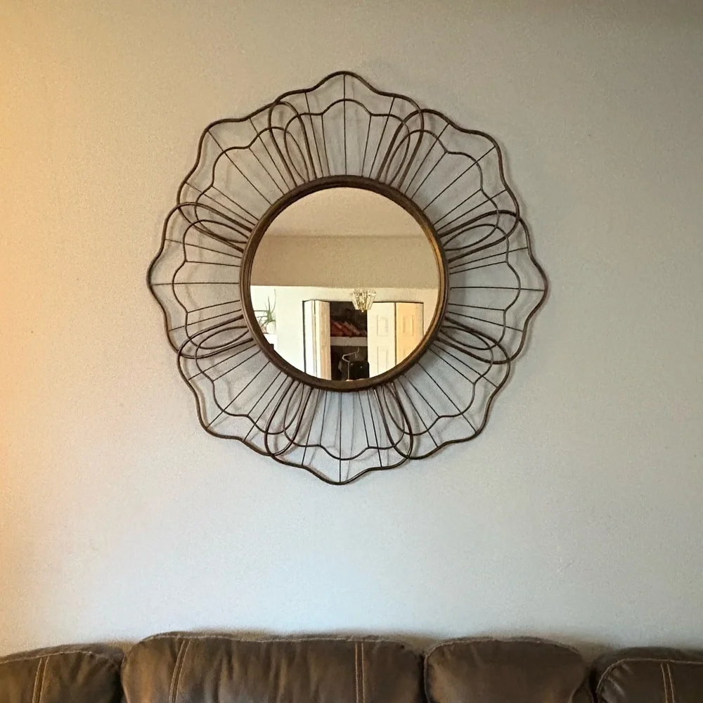 Rustic Refurbished Oil Rubbed Bronze Wired Sunburst Mirror. *Fragile*
